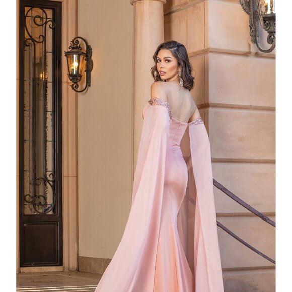 New Off Shoulder Sheath Dress w/ Beads Embroidery & Shoulder Drapes DQ 4306 - Picture 6 of 8